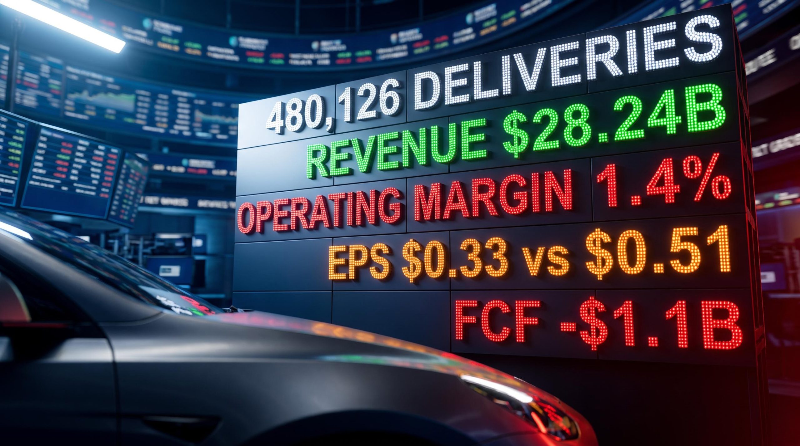 Tesla Q2 2026 earnings data board showing 480,126 deliveries vs 1.4% operating margin and -$1.1B free cash flow