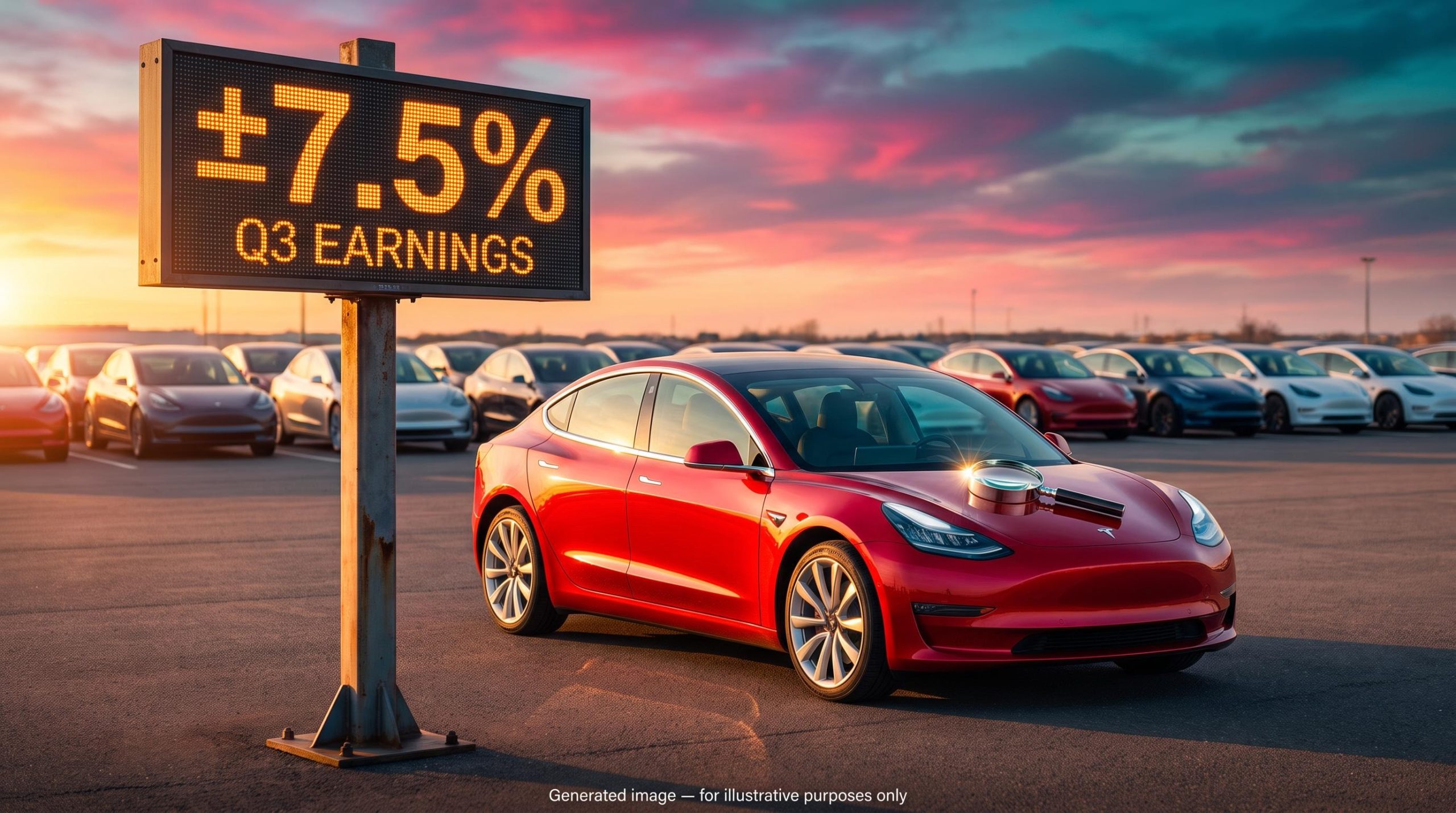 Red electric car on a delivery lot at sunset beside an LED sign showing ±7.5%, framing the Tesla Q3 earnings preview
