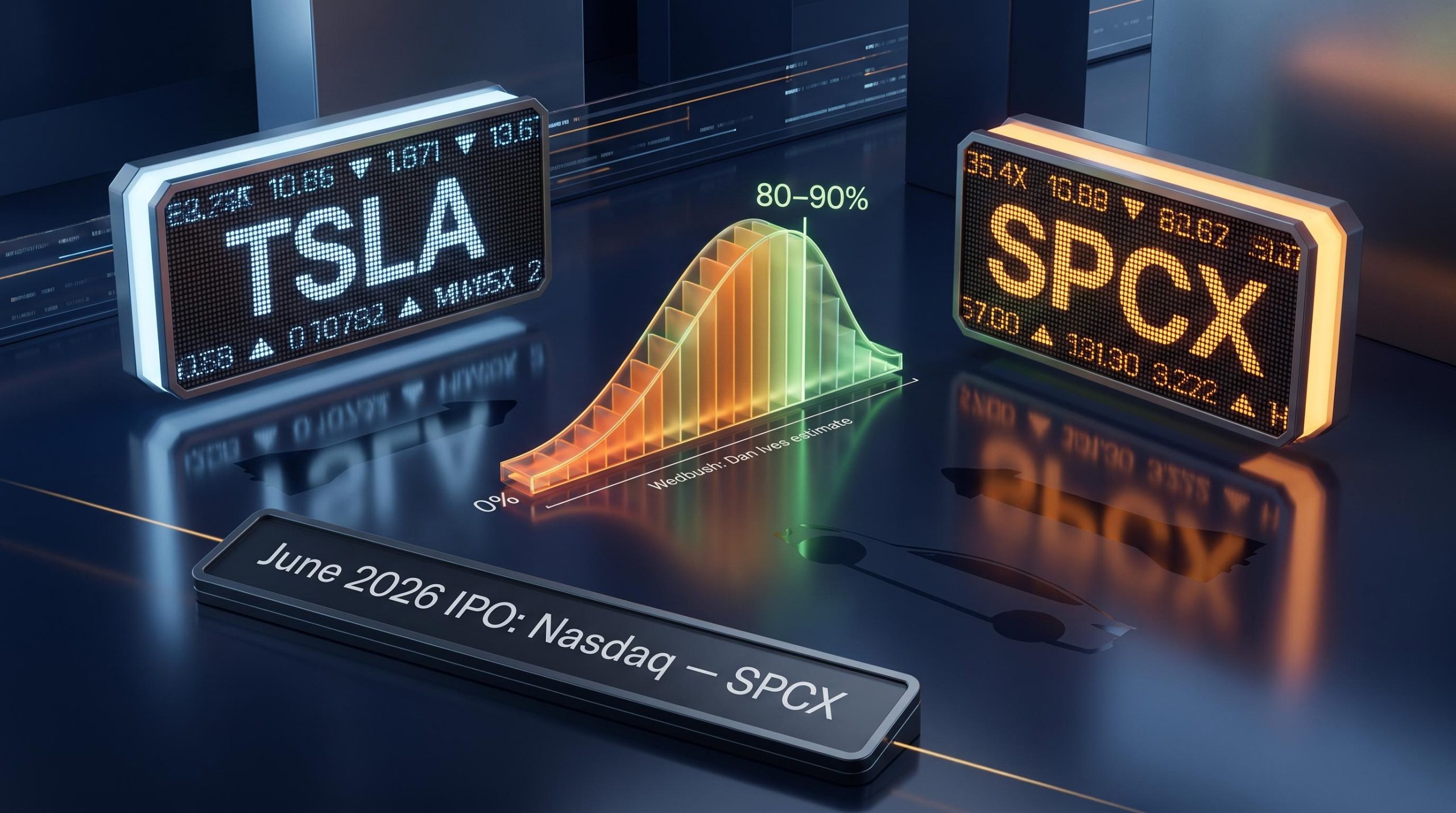 TSLA and SPCX ticker screens with 80–90% probability arc overlay amid Tesla-SpaceX merger analysis