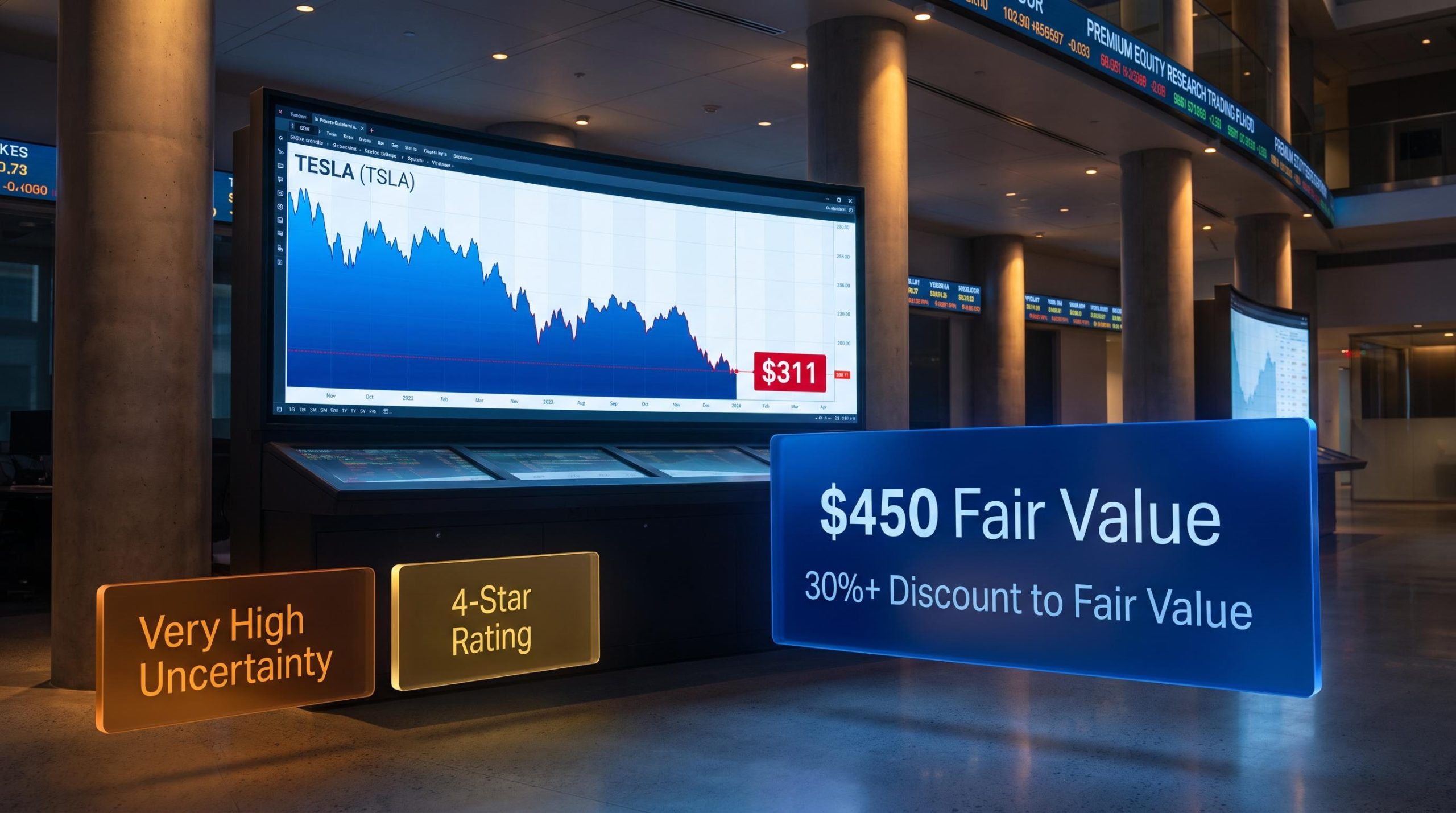 TSLA trading terminal at $311 with Morningstar $450 fair value panel — is Tesla undervalued analysis
