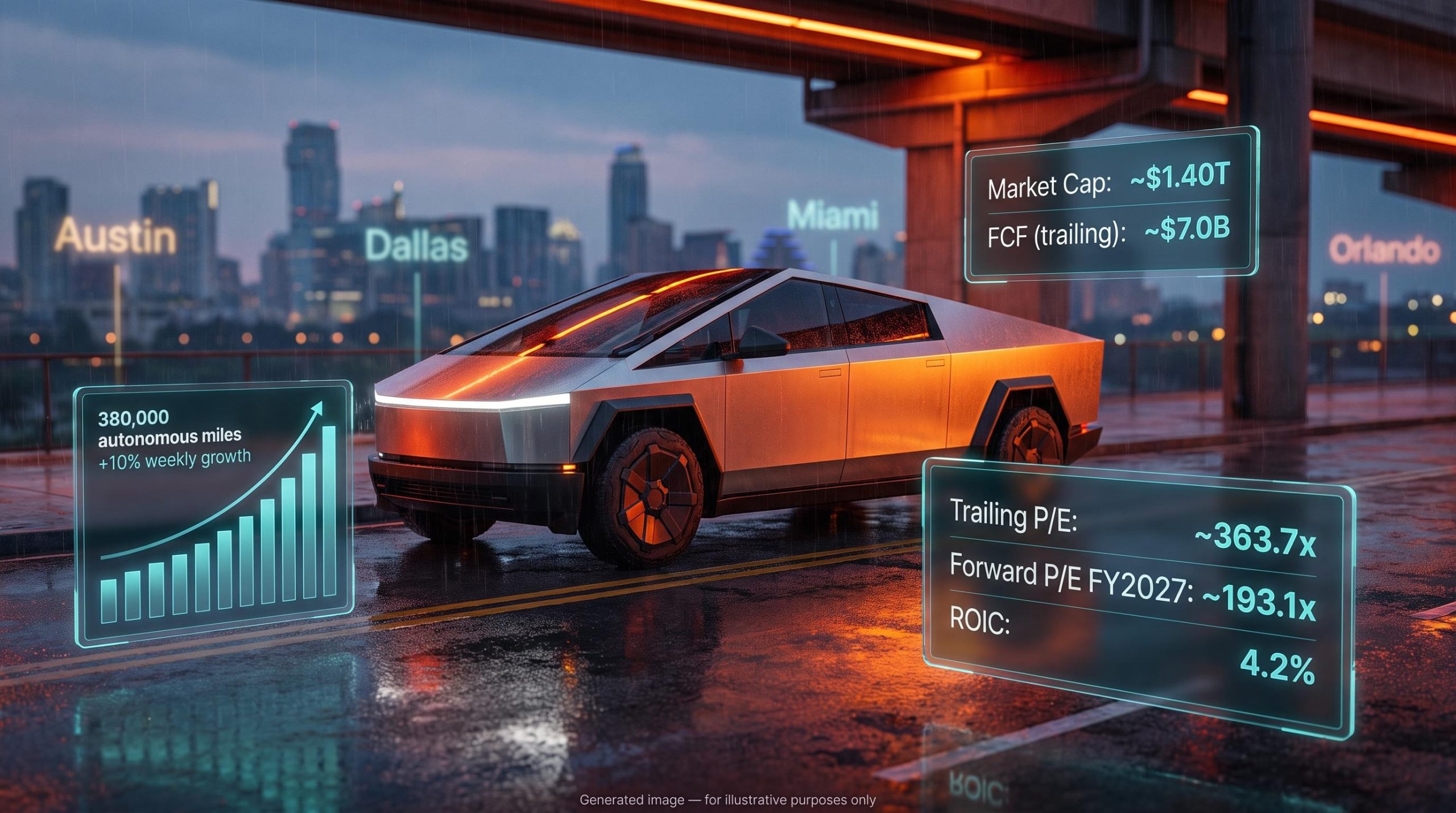 Tesla Cybercab with 363.7x P/E and 4.2% ROIC data overlays — robotaxi valuation analysis