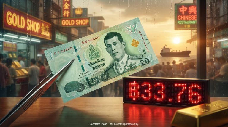 Thai baht banknote held in tweezers beside a red "฿33.76" rate board and gold bar, illustrating the Thai baht outlook