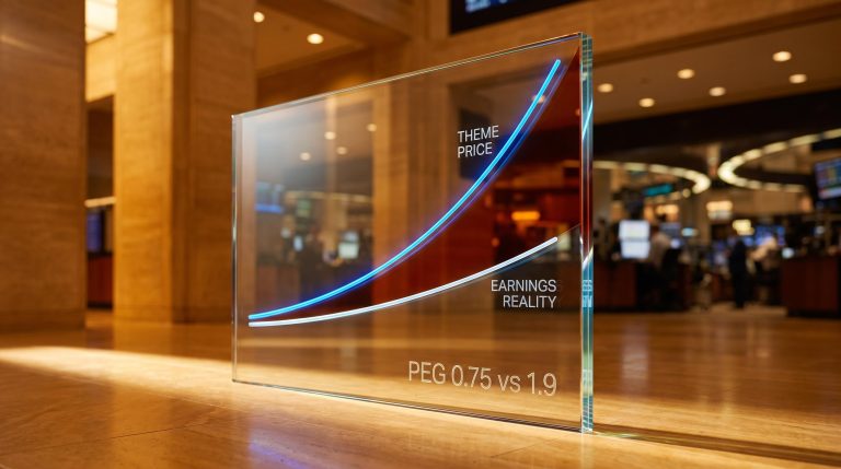 Glass panel etched with diverging price and earnings curves illustrating thematic investing valuation risk