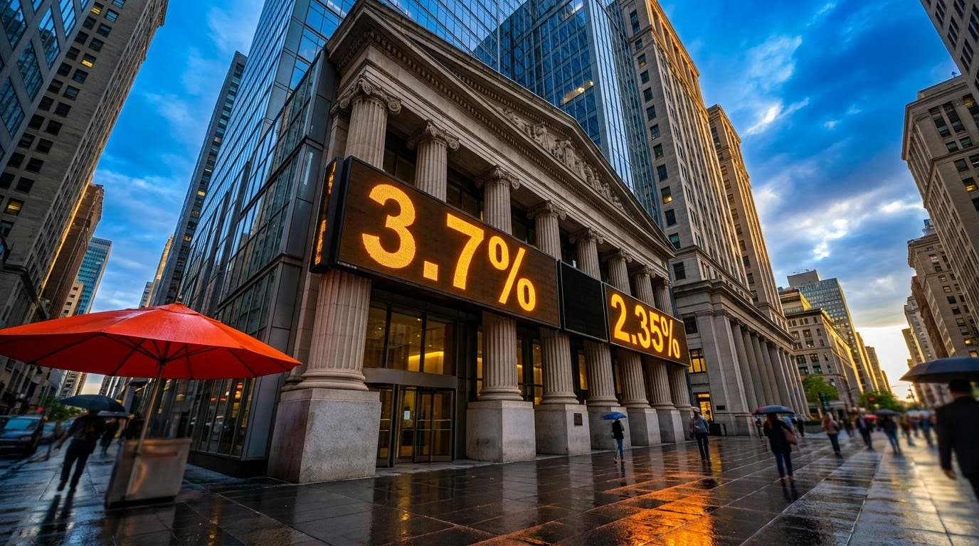 TIPS inflation protection concept: ticker board showing 3.7% inflation beside a smaller 2.35% figure on a columned building