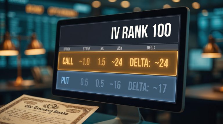TLT options chain terminal showing call-side skew with IV rank 100 — TLT options strategy insight