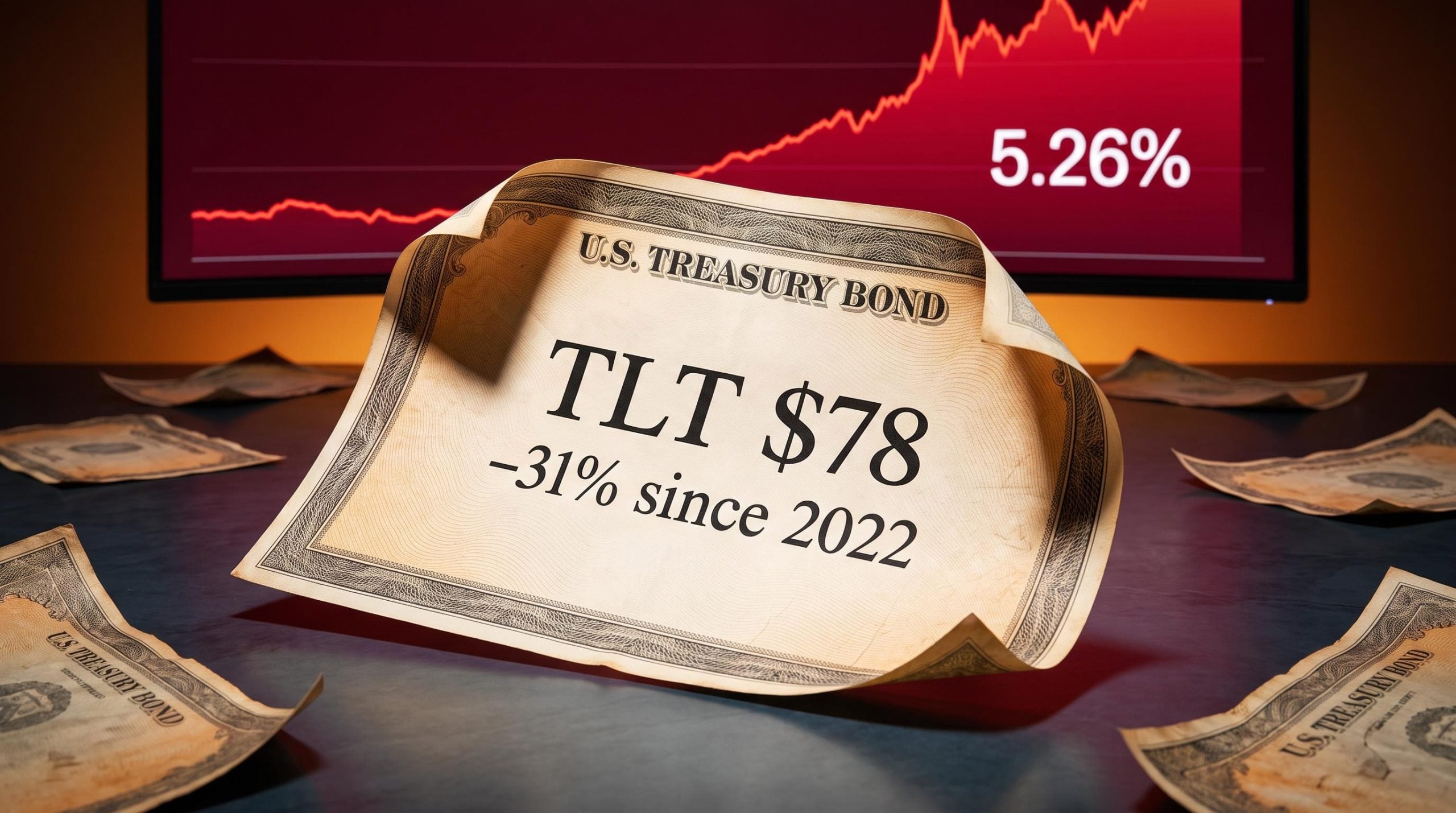 TLT Treasury bond ETF at $78 with 5.26% yield spike — rising interest rates impact on long-duration bonds