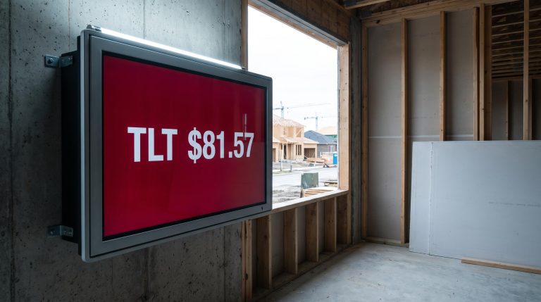 TLT bond ETF screen showing $81.57 inside unfinished homebuilder construction site as Treasury yields pressure housing stocks