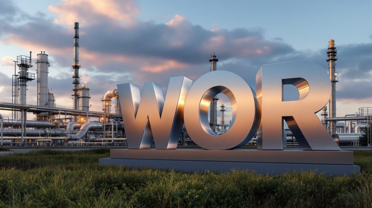 Metal letters near refinery