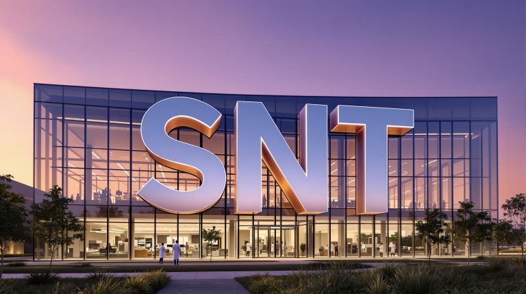 Modern glass building at sunset