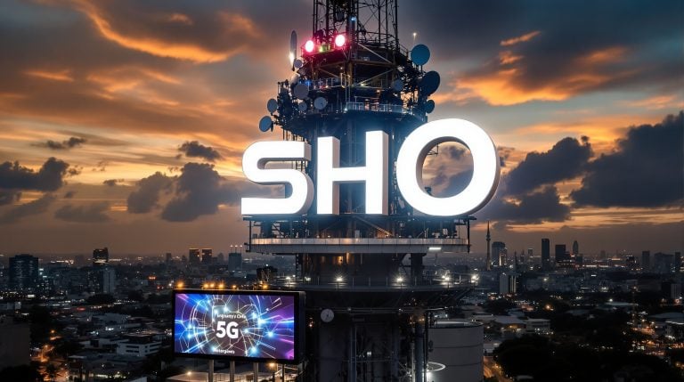 5G tower with sunset