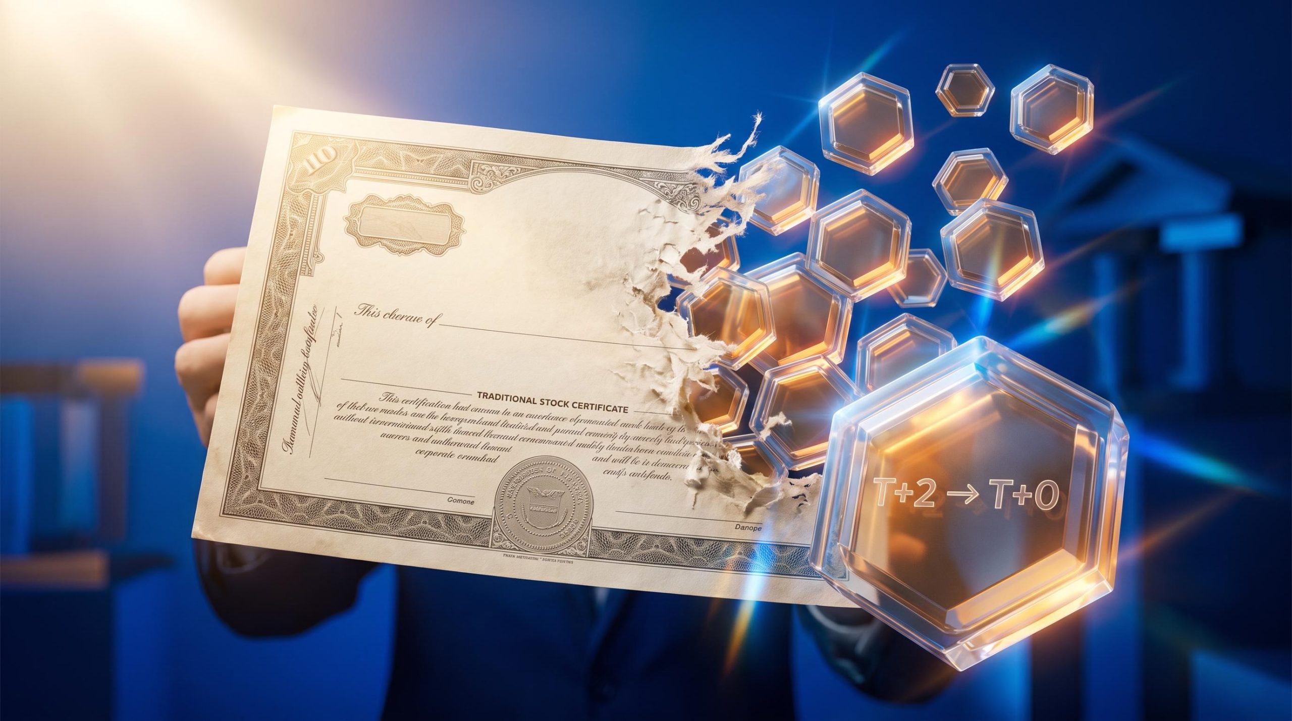 Stock certificate dissolving into blockchain tokens with T+2 → T+0 etched on facet, illustrating tokenization in financial markets