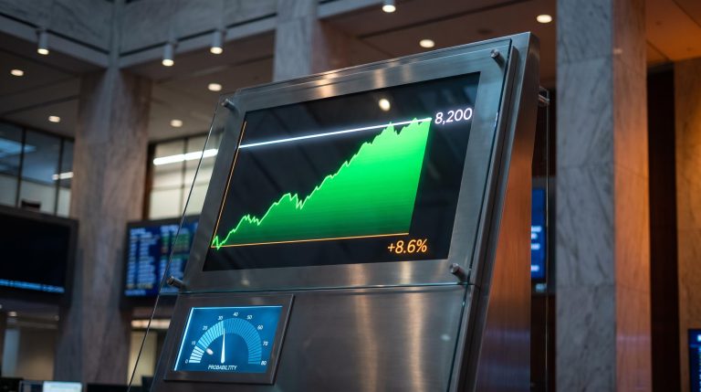 S&P 500 target board showing 8,200 threshold line and 8.6% gap as Tom Lee forecast faces scrutiny