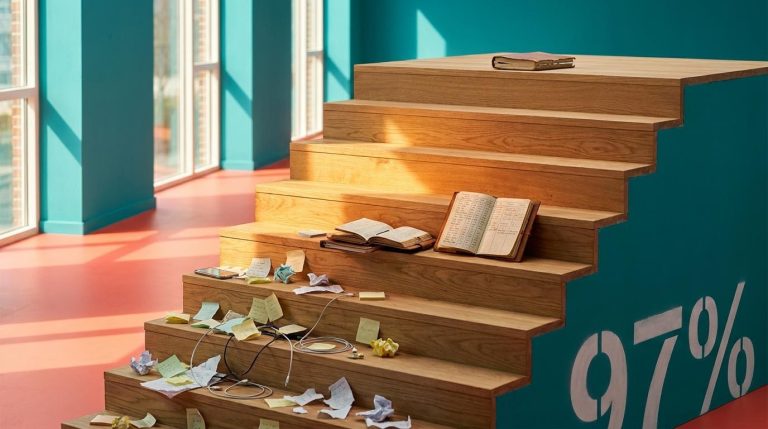 Ten-step staircase rising from cluttered chaos to calm order, with 97% painted on the wall, illustrating trader development levels