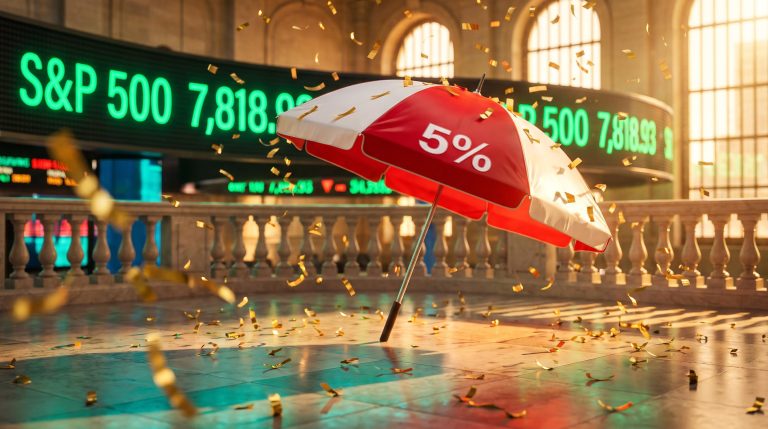 Open red umbrella under falling ticker tape before an S&P 500 7,818.93 board, illustrating a trader hedging strategy