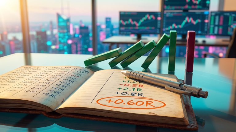 Trade journal showing +0.60R expectancy beside toppled dominoes, illustrating how to measure trading edge beyond a winning streak