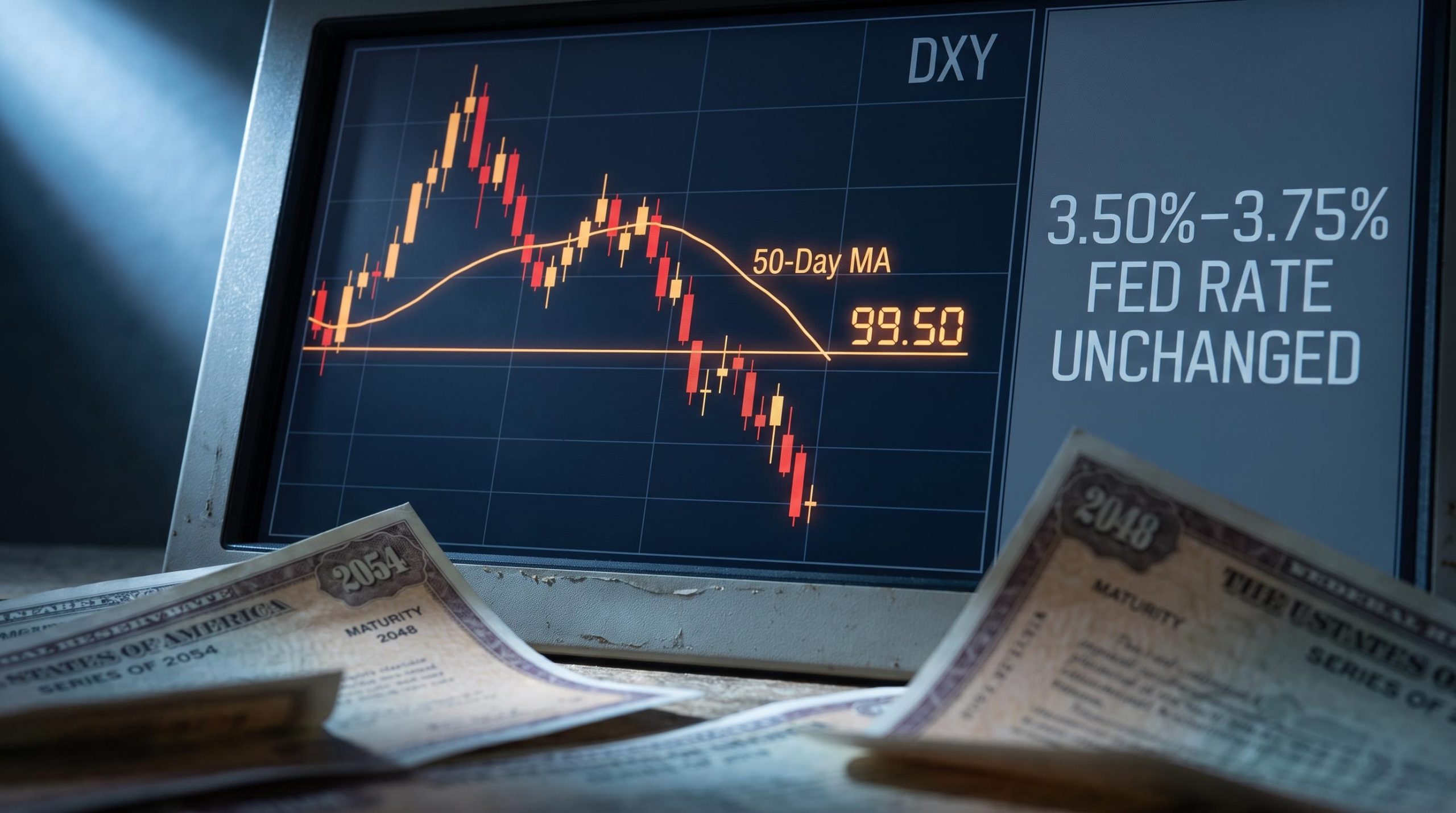 DXY chart breaking below 200-day EMA at 99.50 as Treasury bond buyback program reshapes dollar liquidity