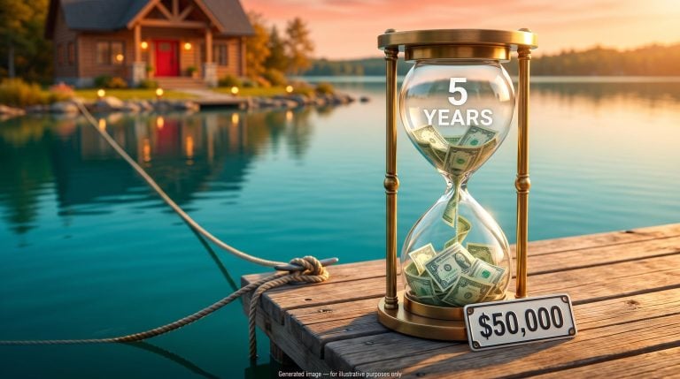 Hourglass pouring bond certificates beside a lake and home, illustrating treasury bond duration strategy for a 5-year goal