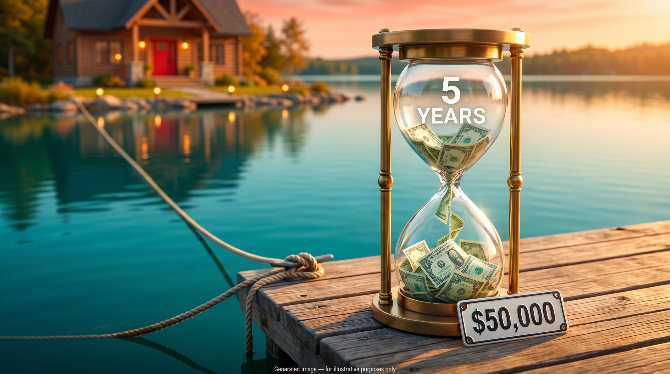 Hourglass pouring bond certificates beside a lake and home, illustrating treasury bond duration strategy for a 5-year goal