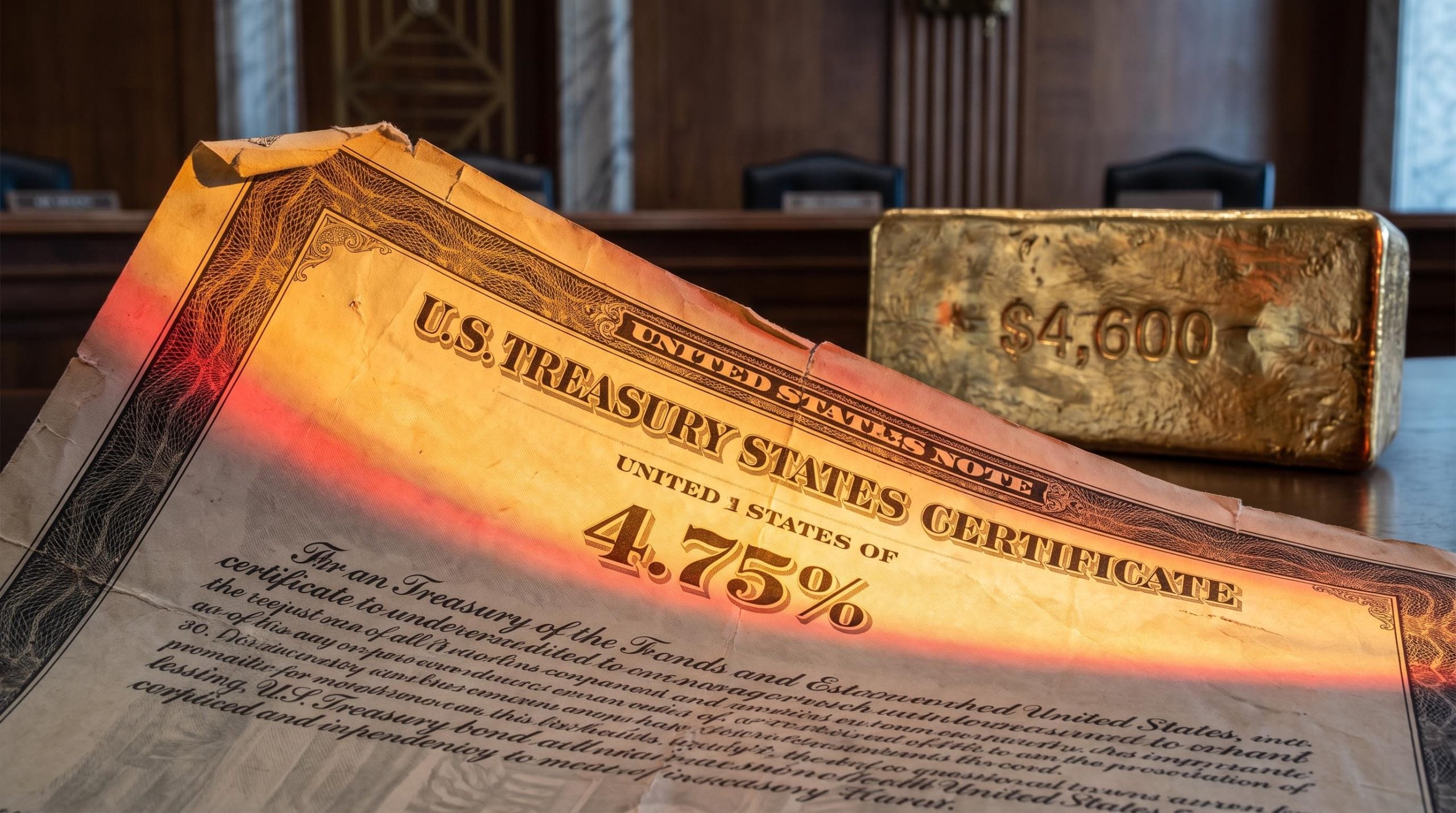 US Treasury bond under stress with gold bar at $4,600 as bond market credibility fractures at 4.75% yield