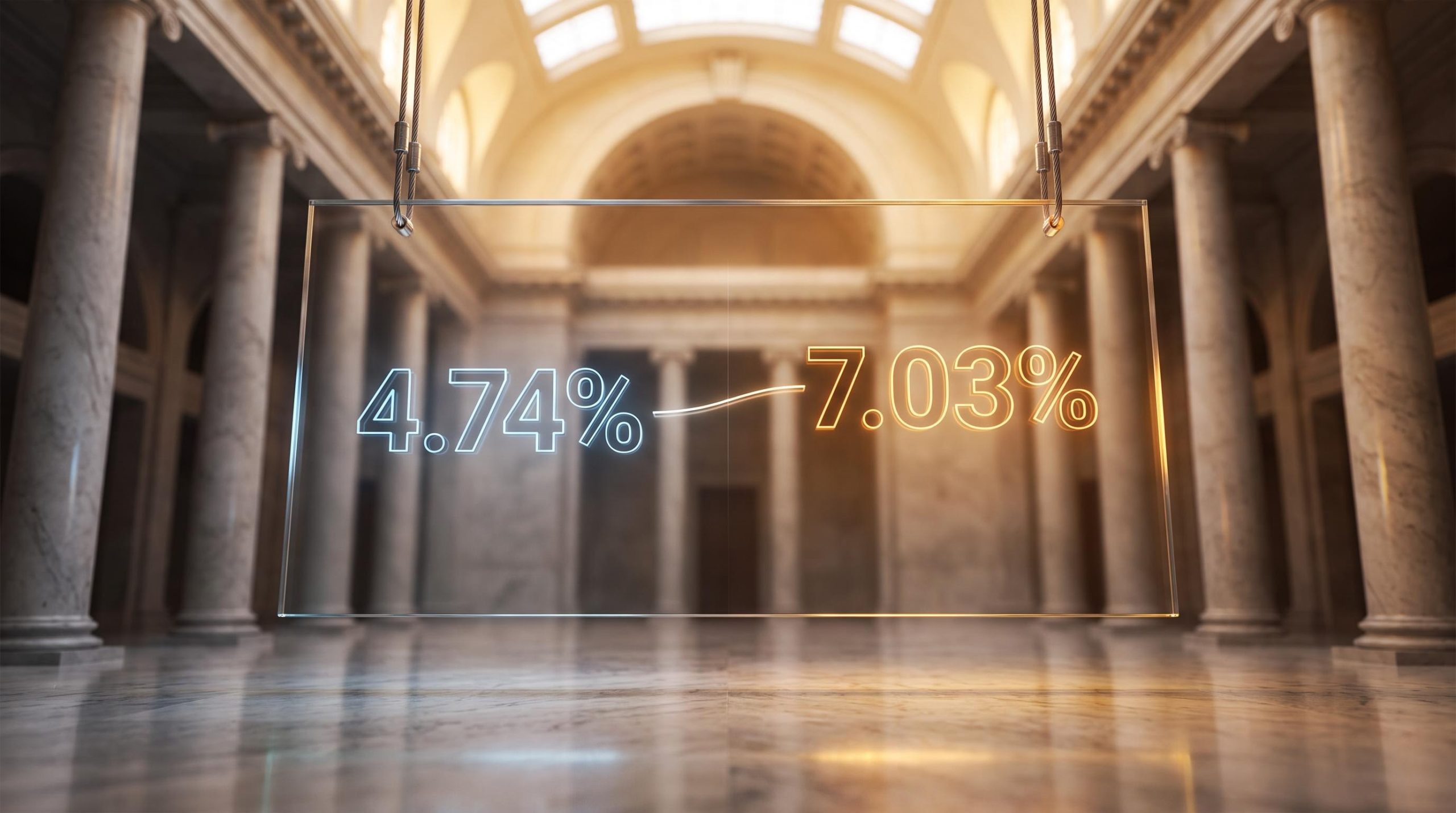Treasury bond yield of 4.74% linked to 7.03% mortgage rate etched in luminous glass in a marble atrium