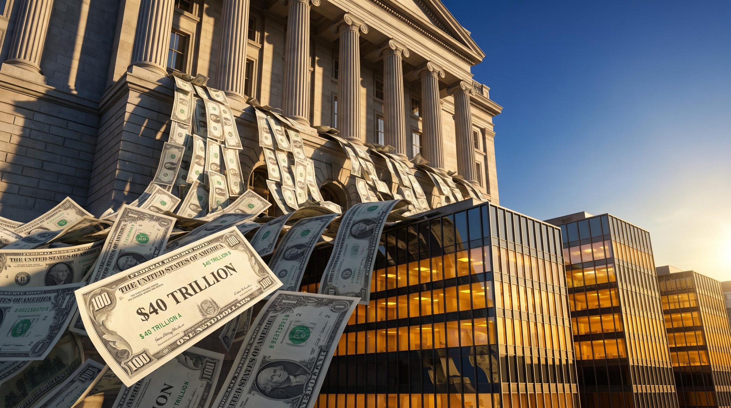 Treasury bill cascade into bank towers illustrating treasury-led QE with $40 trillion US debt