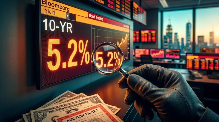 Trading room screen showing a 5.2% 10-year yield under a loupe, illustrating Treasury market crisis scrutiny