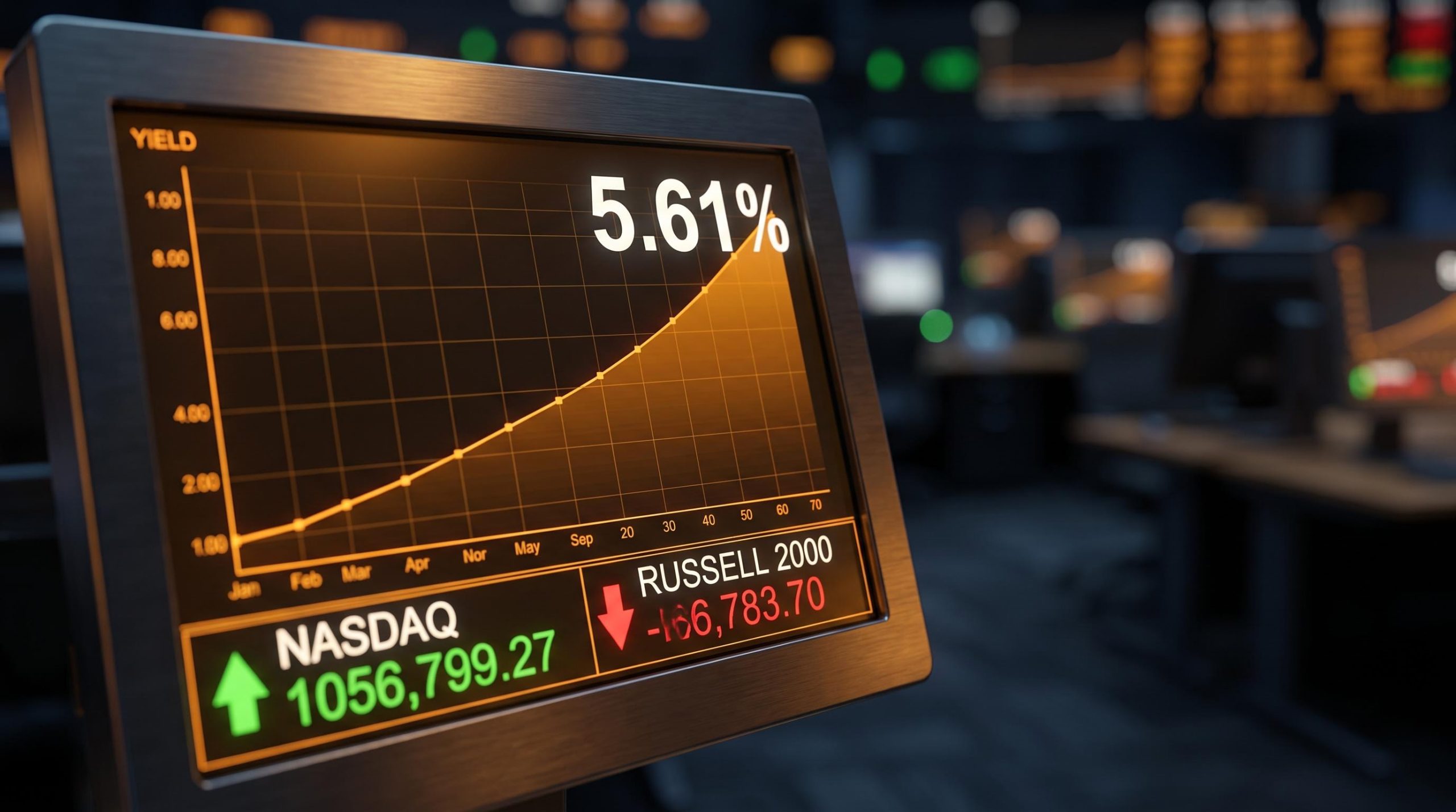 30-year Treasury yield hitting 5.61% on a trading screen as NASDAQ and Russell 2000 diverge sharply