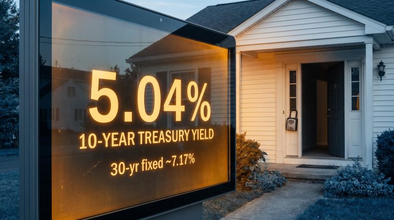 10-year Treasury yield at 5.04% on a financial terminal beside a frozen suburban home as mortgage rates hit 7.17%