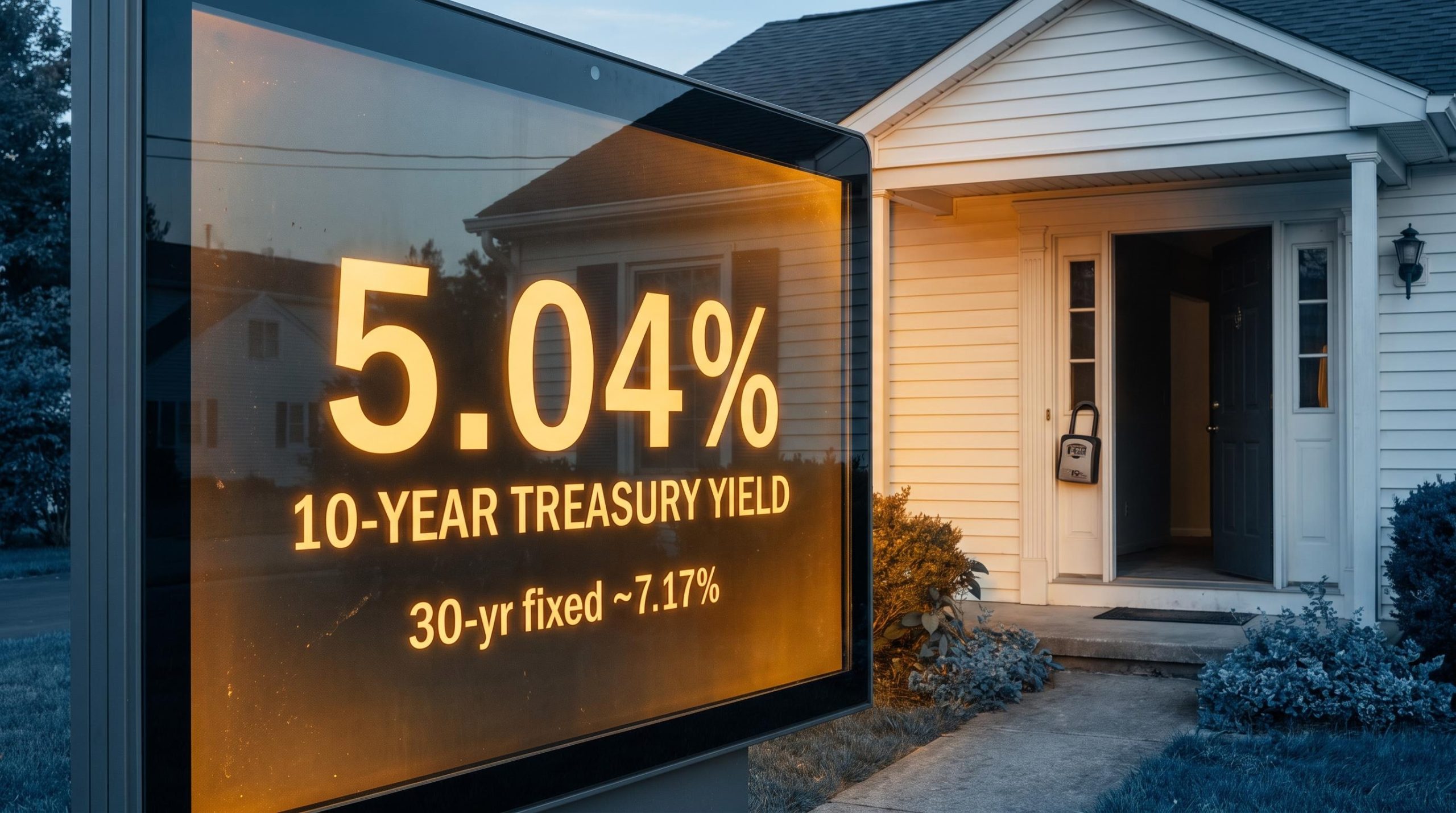 10-year Treasury yield at 5.04% on a financial terminal beside a frozen suburban home as mortgage rates hit 7.17%