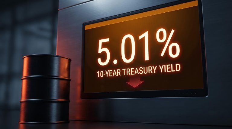 10-year Treasury yield at 5.01% on trading terminal beside crude oil barrel as yields retreat below 5%