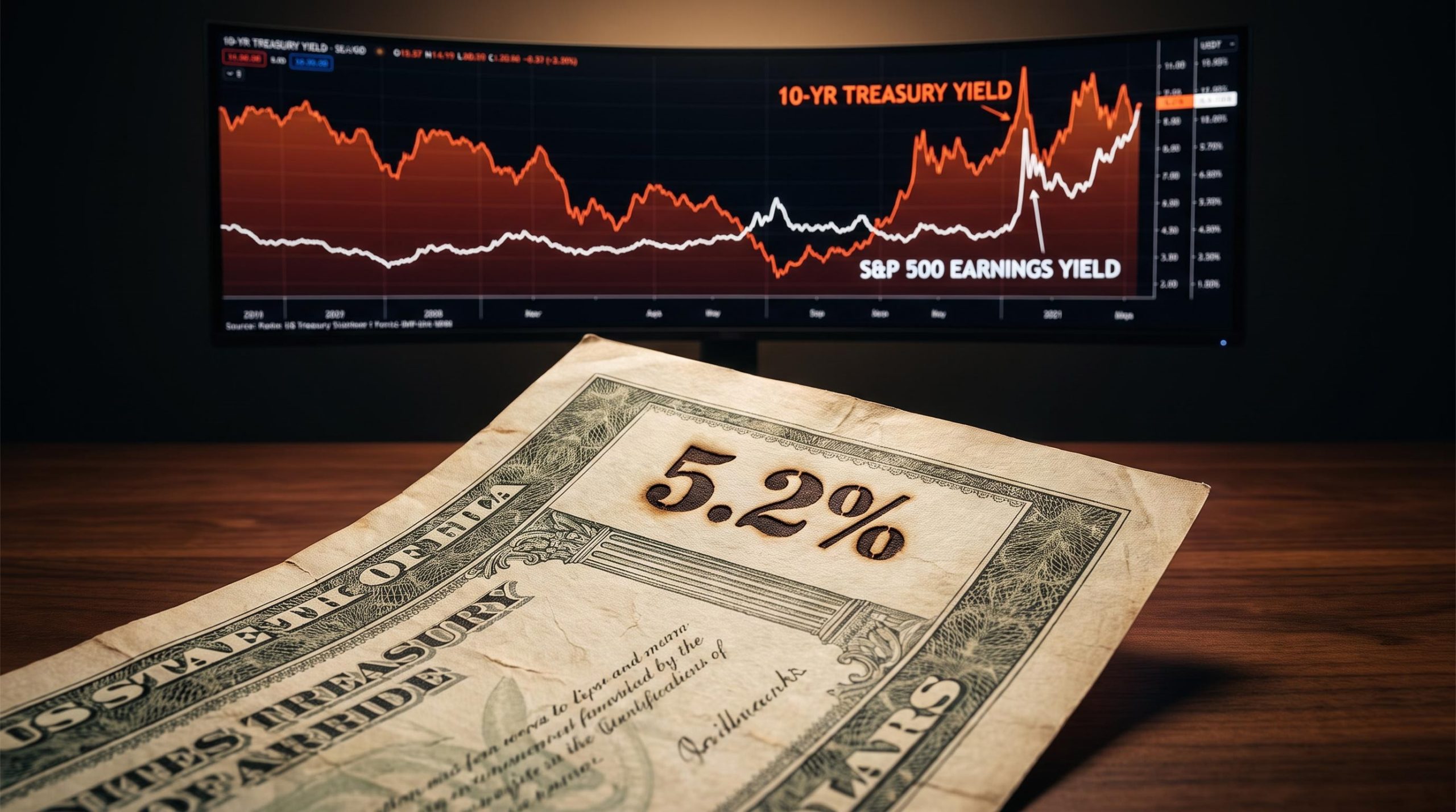 US Treasury bond certificate showing 5.2% yield as stocks and bonds converge — Treasury yields stock market risk