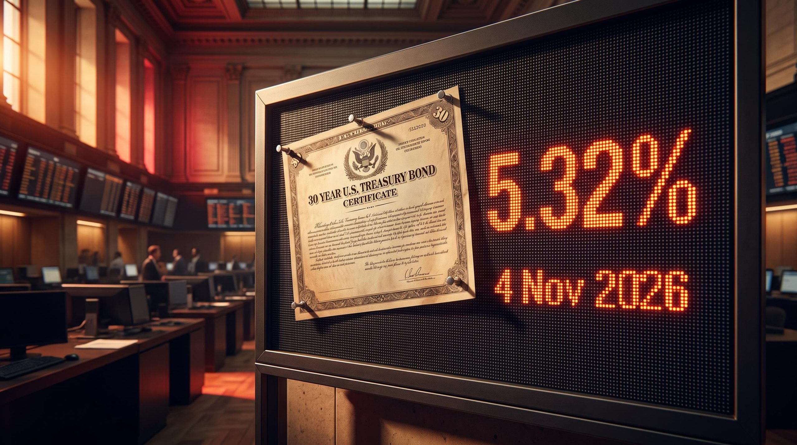 30-year Treasury bond at 5.32% on trading floor display as bond market downturn outlook sharpens ahead of Nov 2026
