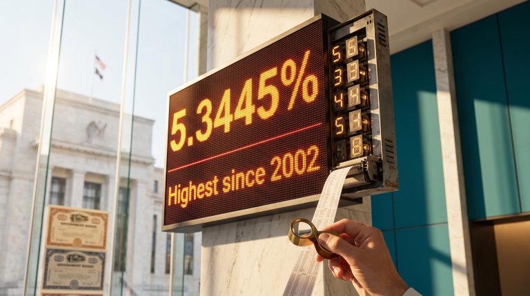 Yield display showing 5.3445% under an analyst's loupe, framing the Treasury yields 1999 comparison