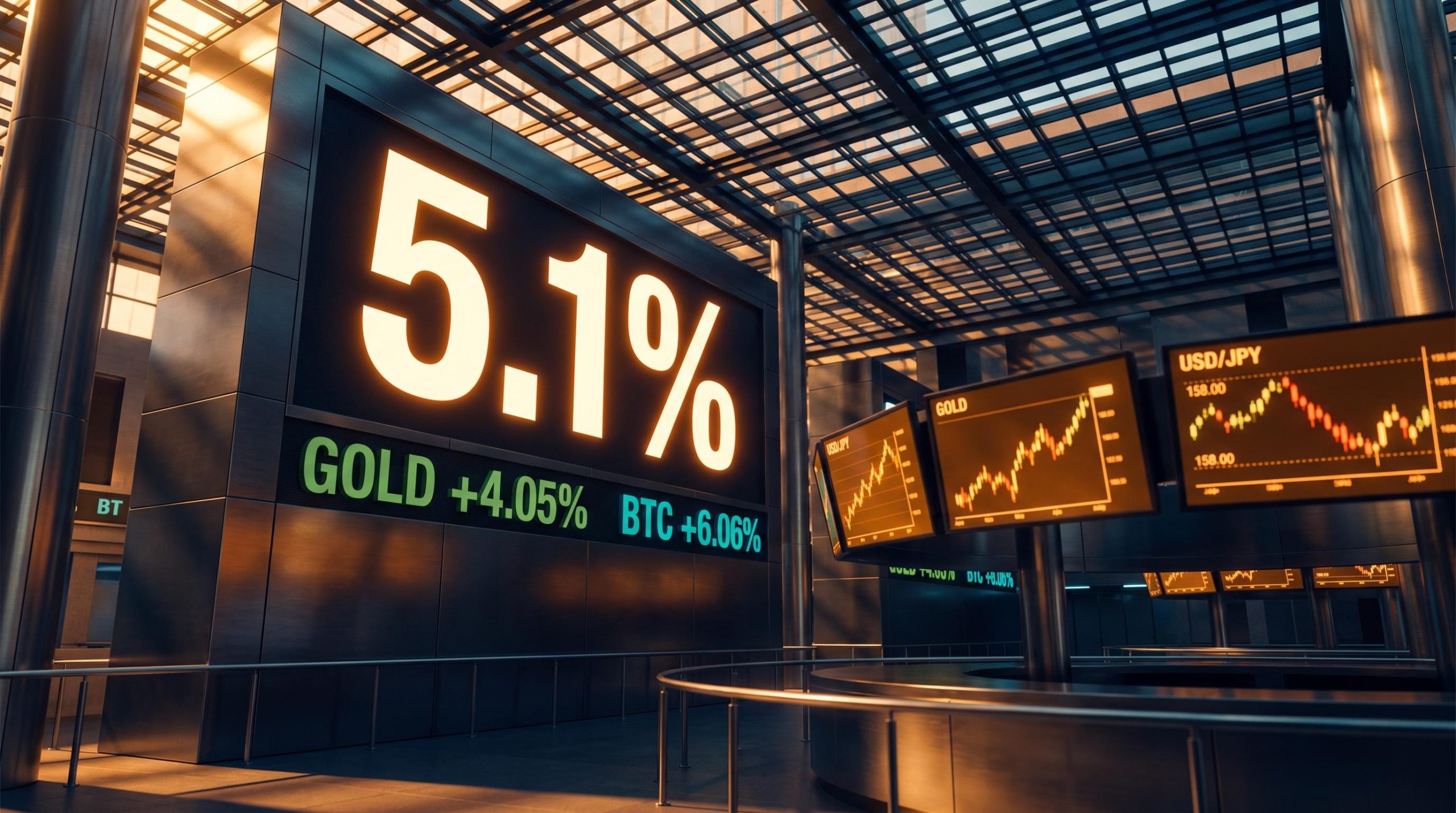 US Treasury yield board showing 5.1% with gold +4.05% and Bitcoin +6.06% — treasury yields impact across assets