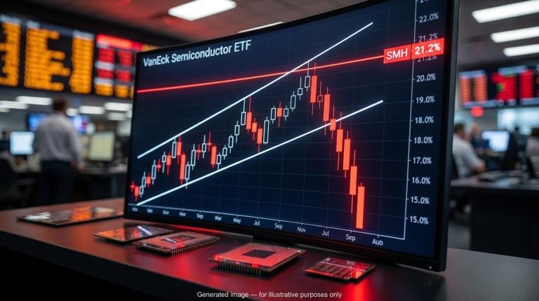 Semiconductor ETF chart breaking below its rising channel in red, illustrating trend line breaks and a 21.2% drop