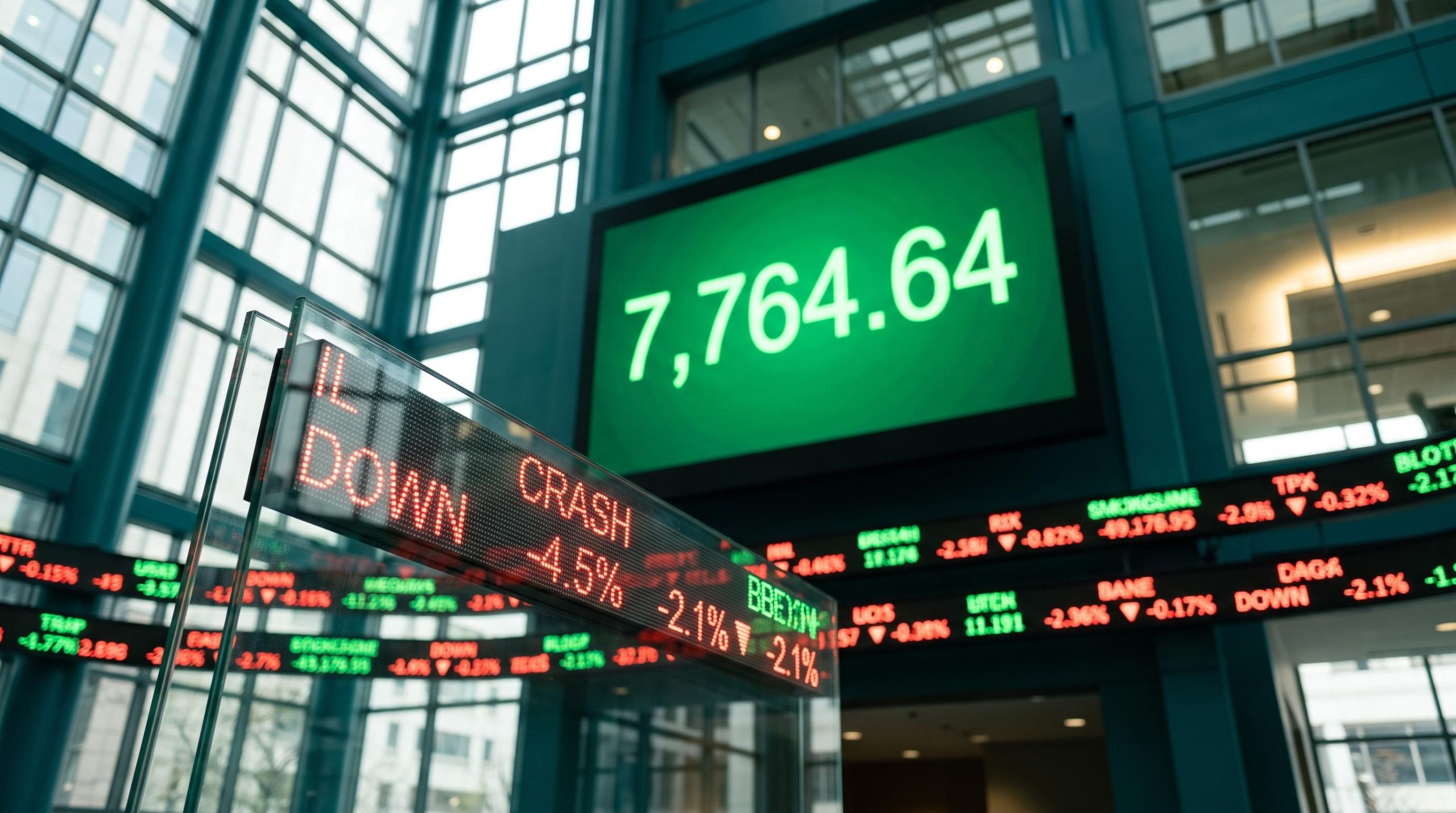 Green S&P 500 level on an exchange screen with red tickers beneath, illustrating trendless market analysis and narrow breadth