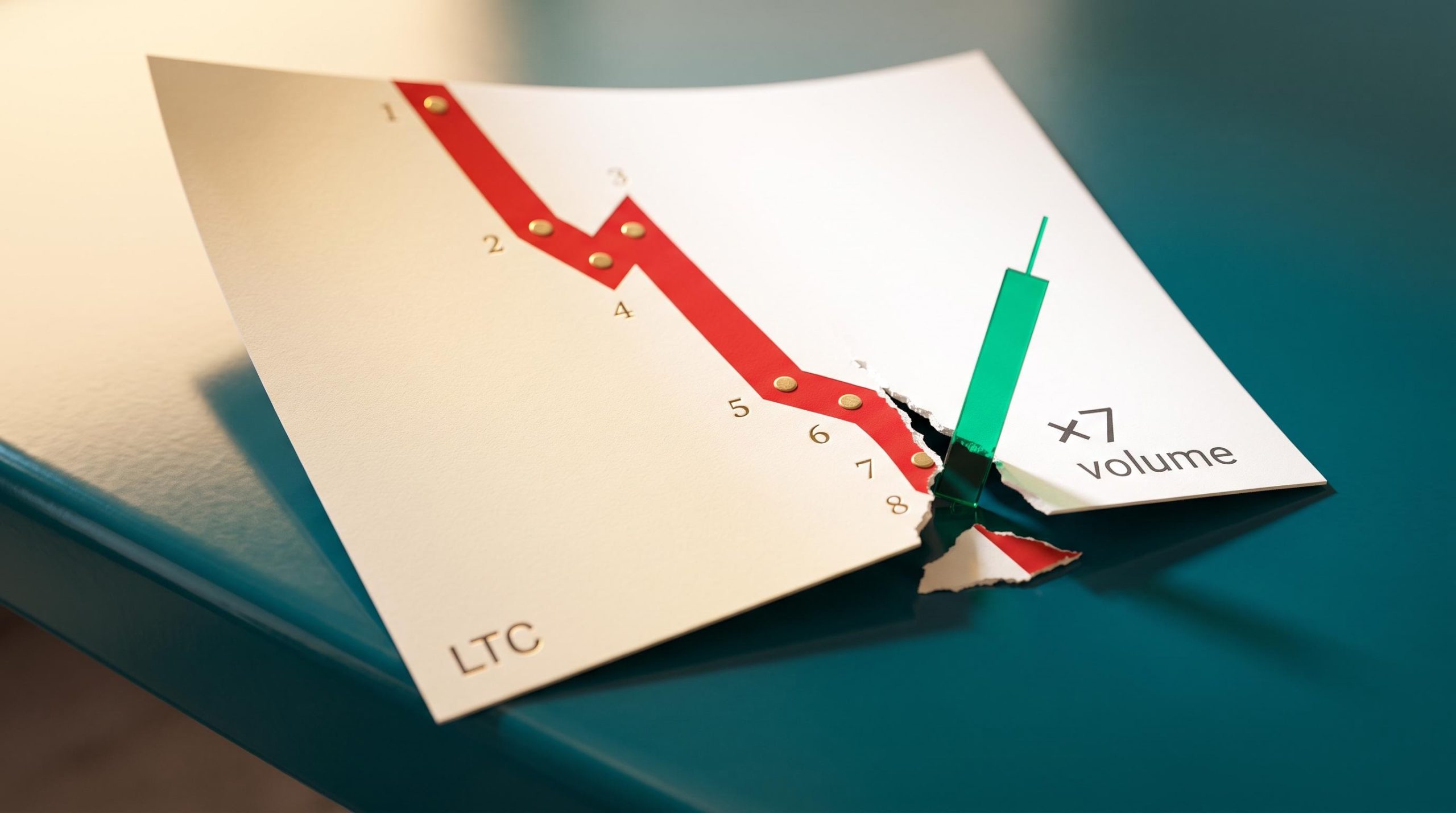 Litecoin descending trendline shattering at eighth touch — trendline breakout strategy visualised on torn chart paper