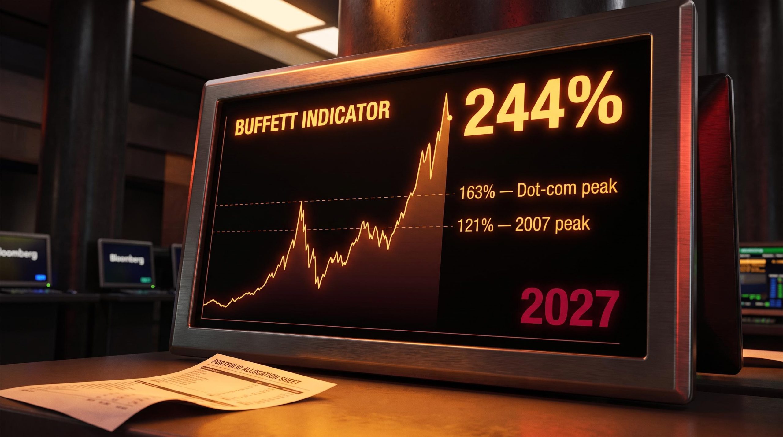 Buffett Indicator at 244% on trading terminal with 2027 marked in red — triple bubble analysis