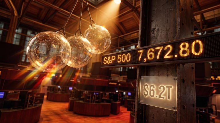 Fractured glass orbs over empty trading floor with $6.2T triple witching expiry marker and S&P 500 pivot level
