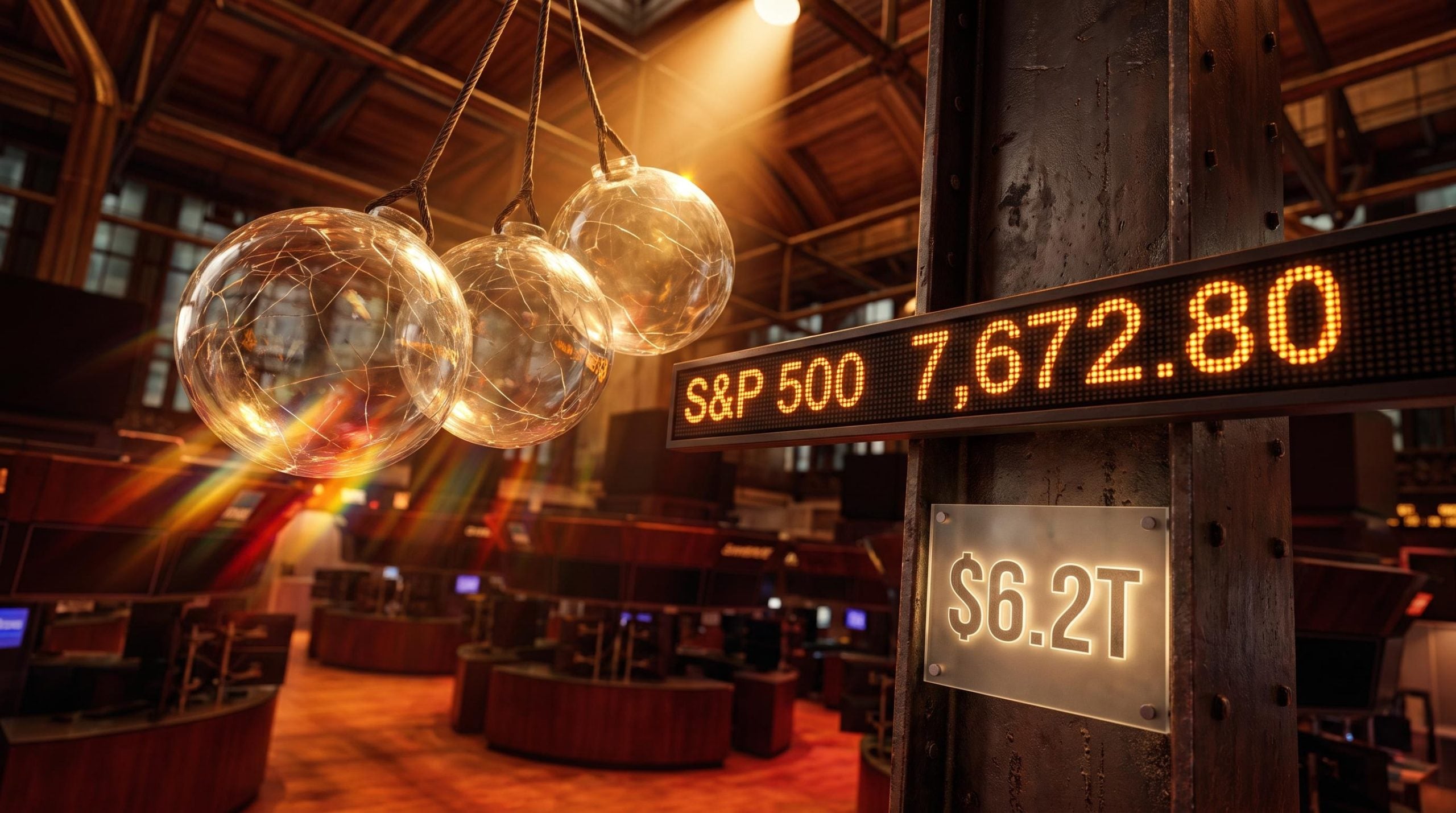 Fractured glass orbs over empty trading floor with $6.2T triple witching expiry marker and S&P 500 pivot level