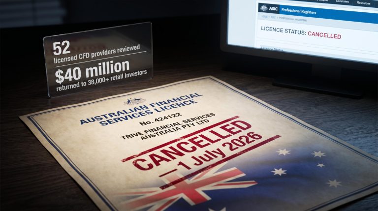 ASIC cancels Trive Financial Services AFS licence 424122 effective 1 July 2026 amid 52-provider CFD review
