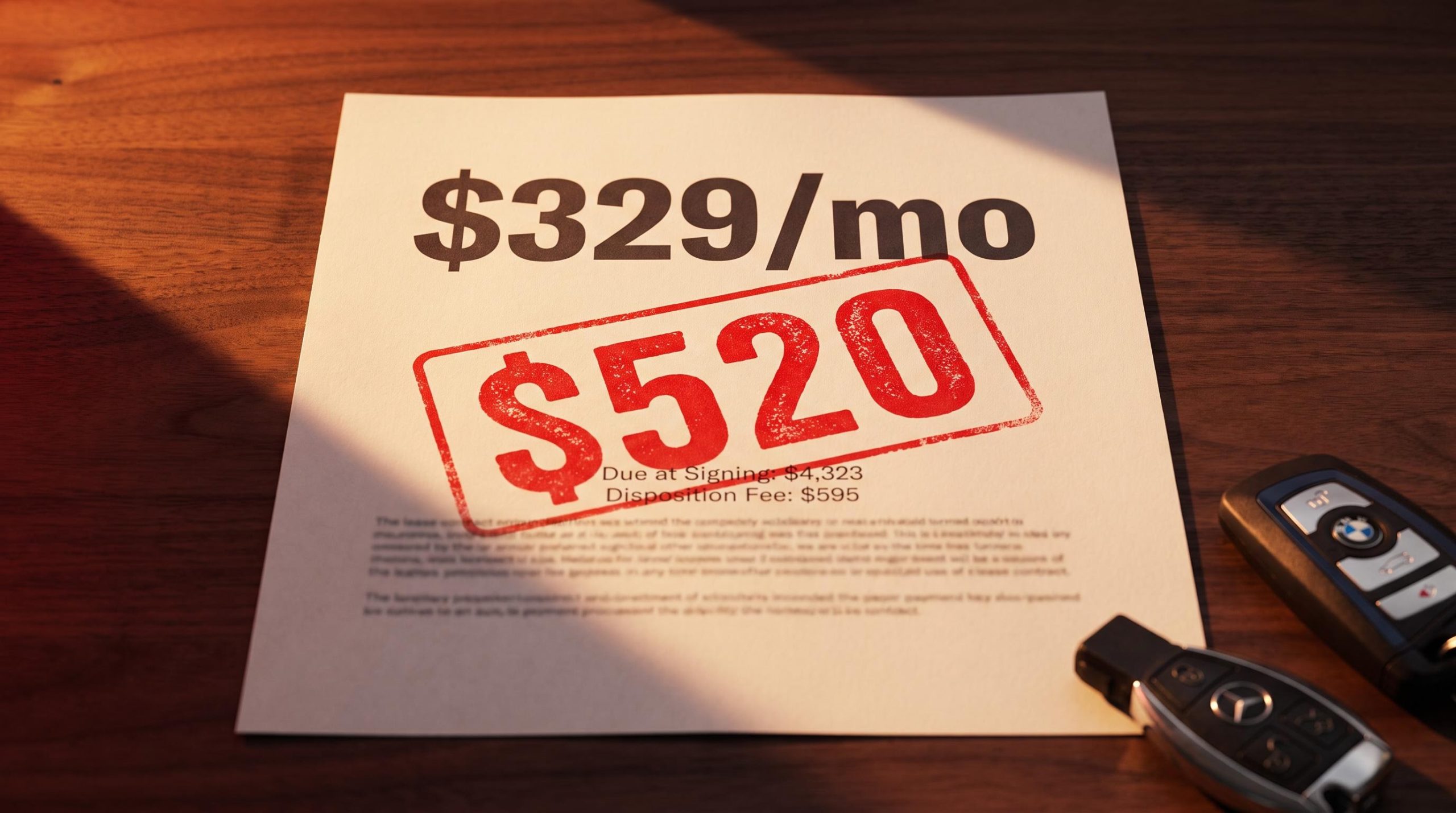 Luxury car lease contract showing $329 advertised rate stamped with true $520 monthly cost, BMW and Mercedes keys alongside