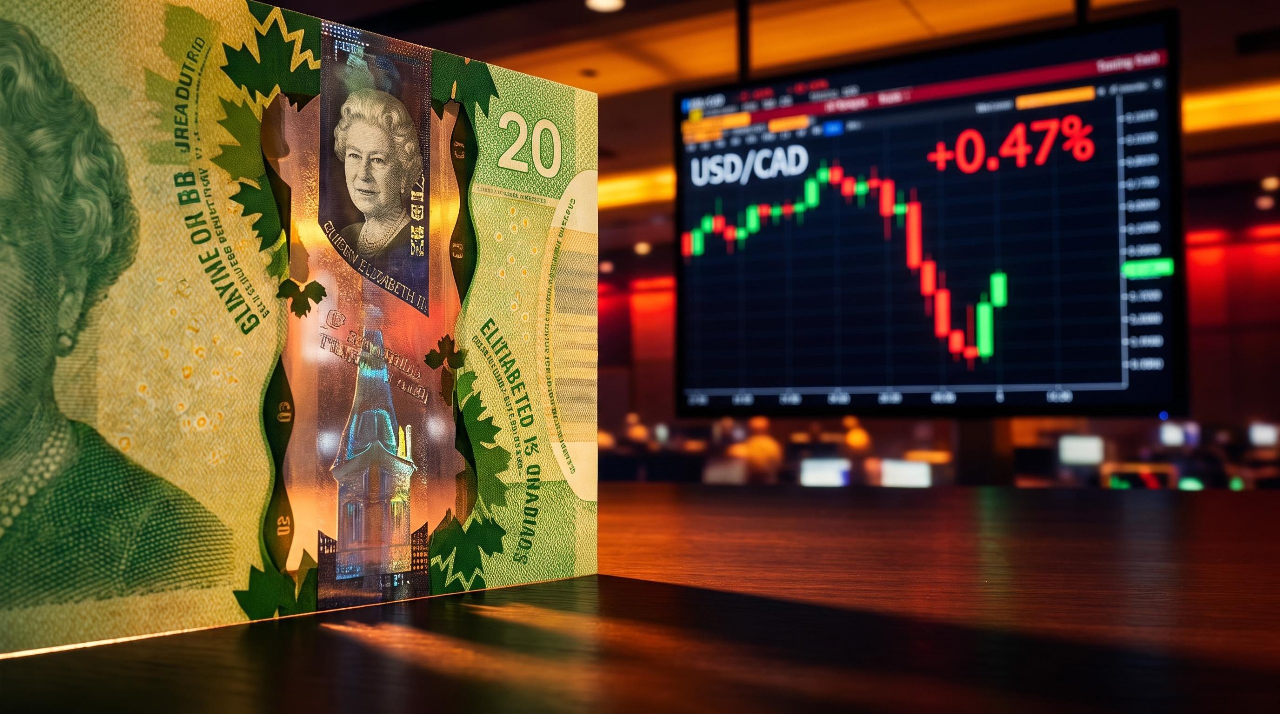 Canadian Dollar banknote with USD/CAD chart spike showing Trump Canada tariffs 50% announcement shock