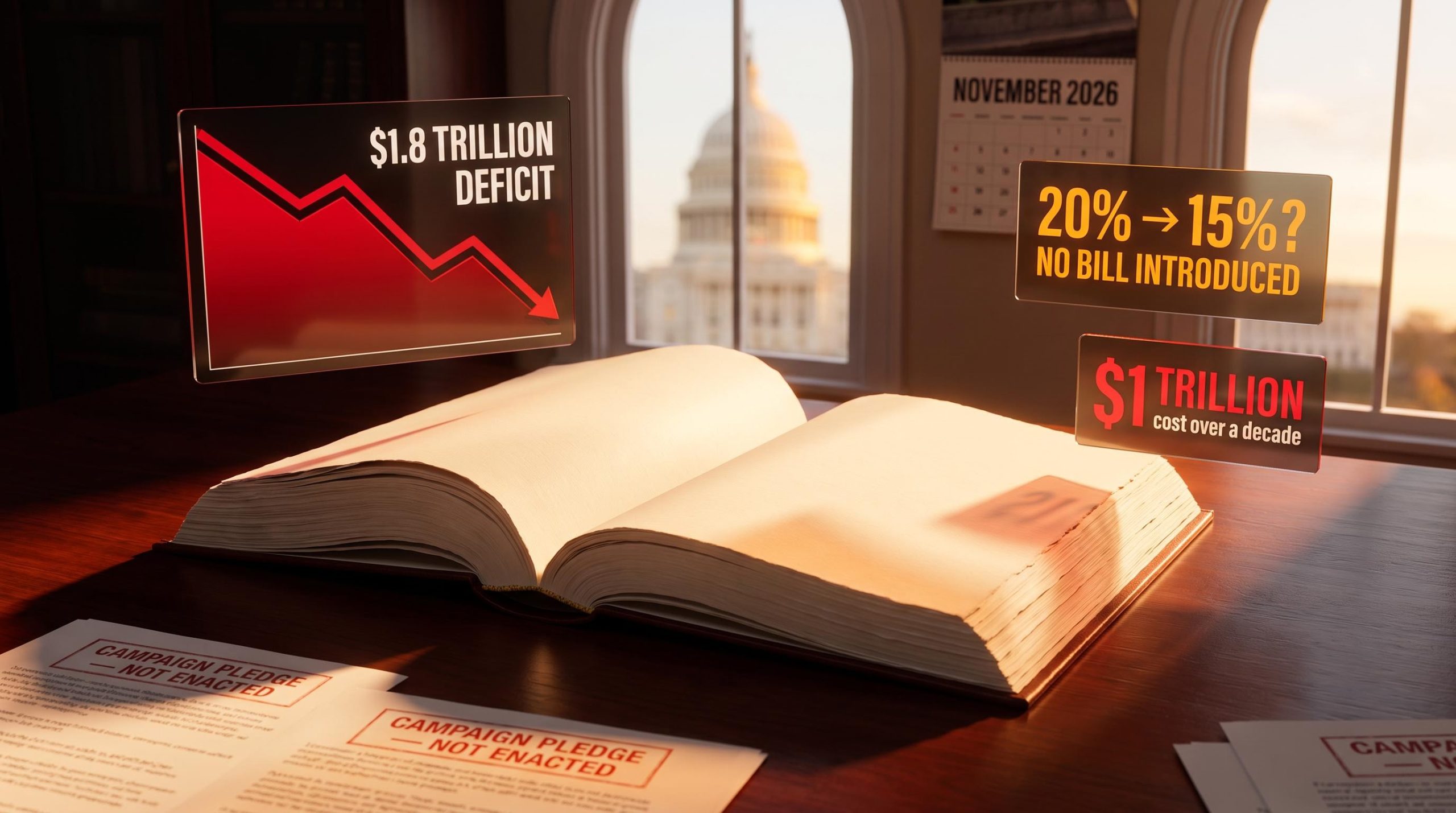 Blank congressional bill pages on Capitol Hill desk with $1.8 trillion deficit and capital gains tax proposal data panels