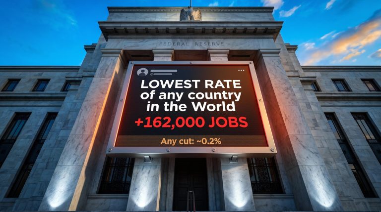 Federal Reserve building with Trump's rate cut demand displayed as a glowing screen after 162,000 August jobs added