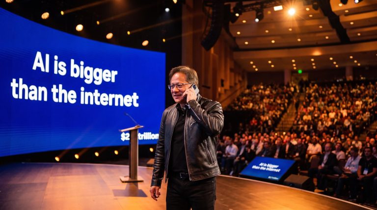Jensen Huang on stage at All-In Summit taking Trump's live call as AI investment policy goes on the record