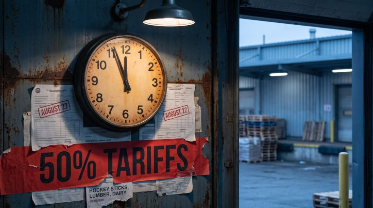 Countdown clock over freight dock with "50% TARIFFS" and "AUGUST 22" deadline as Trump tariffs Canada pause expires