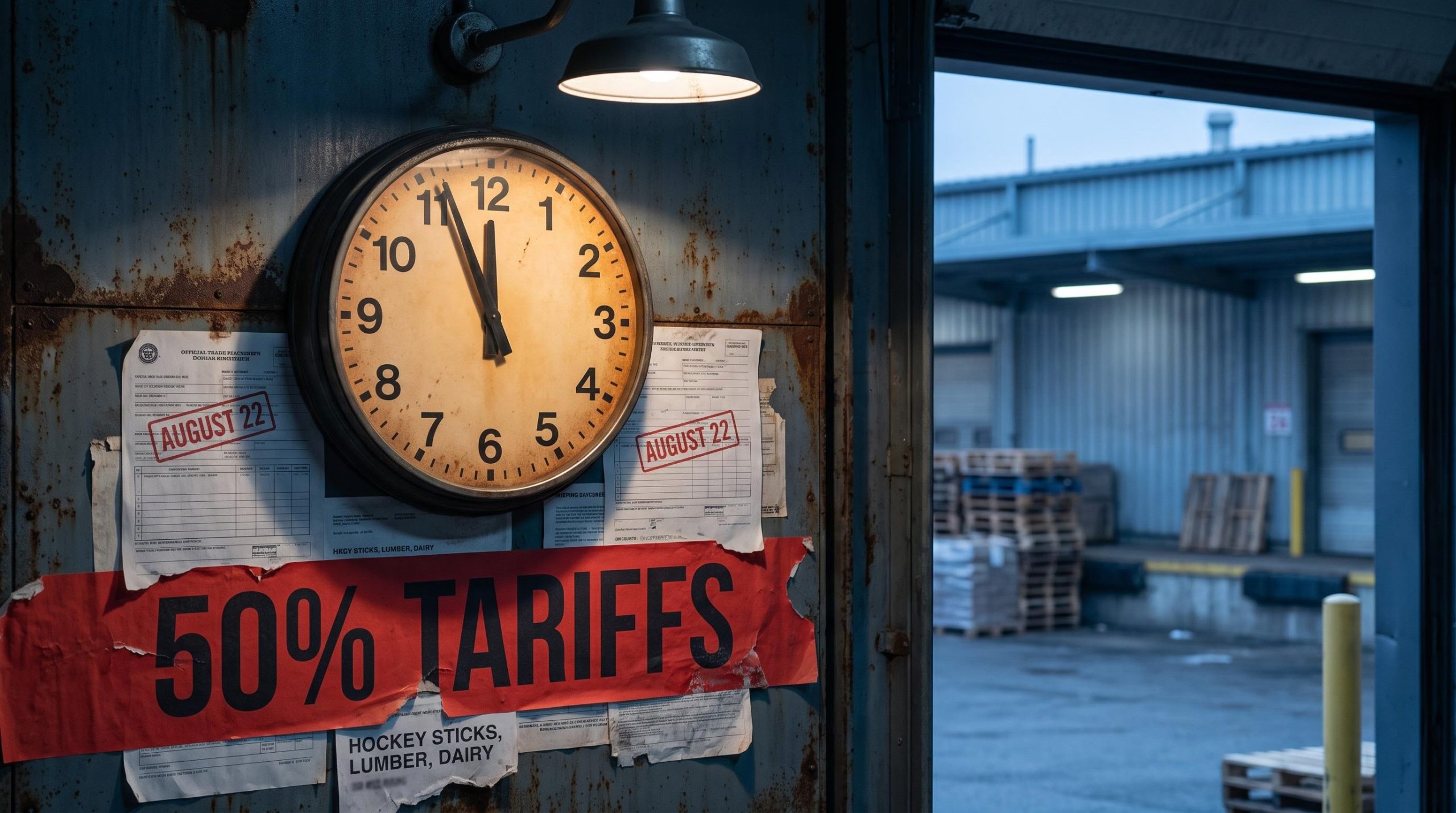 Countdown clock over freight dock with "50% TARIFFS" and "AUGUST 22" deadline as Trump tariffs Canada pause expires
