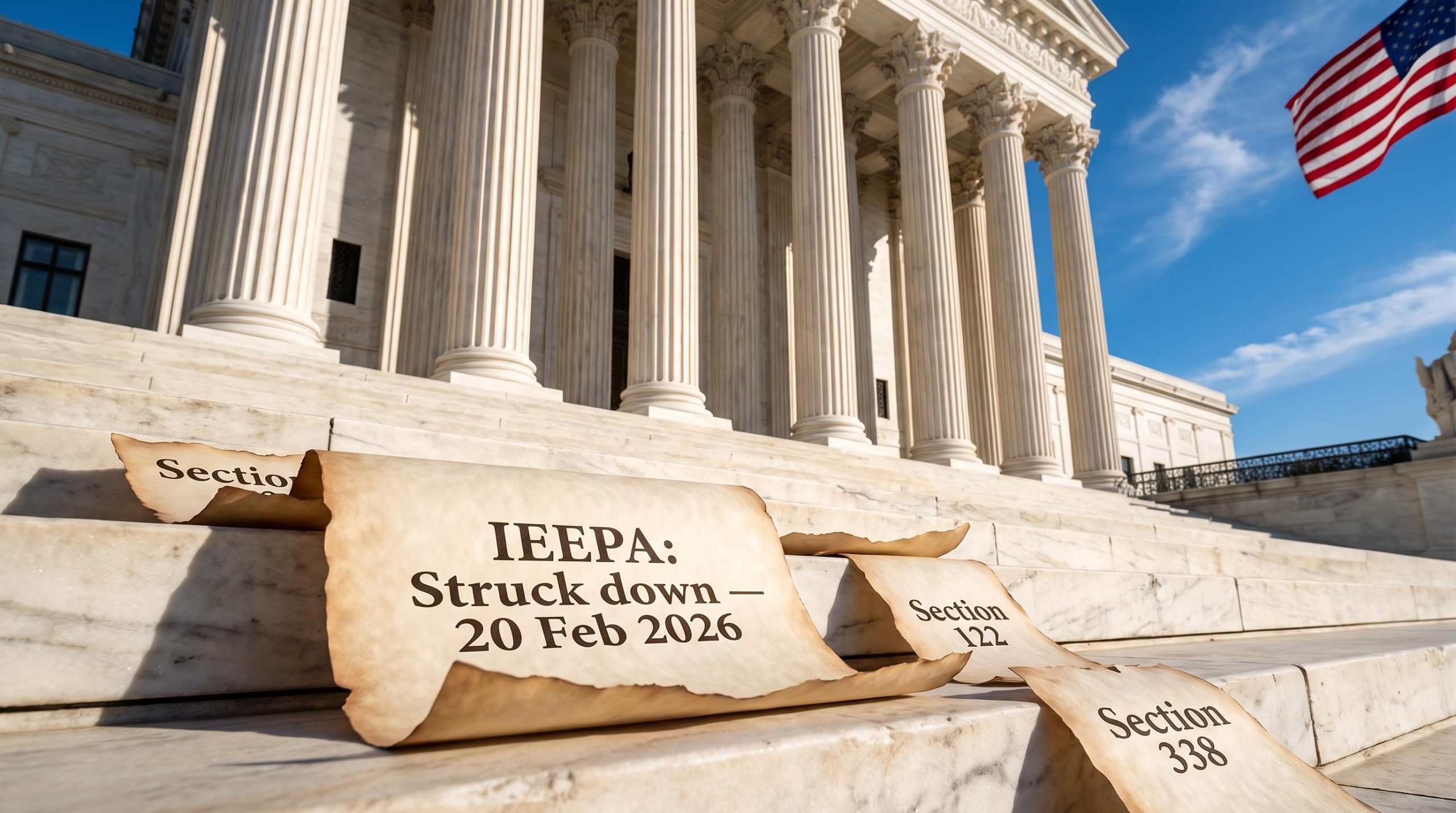 US Supreme Court facade with IEEPA struck-down ruling text, Trump tariffs legal fragility analysis