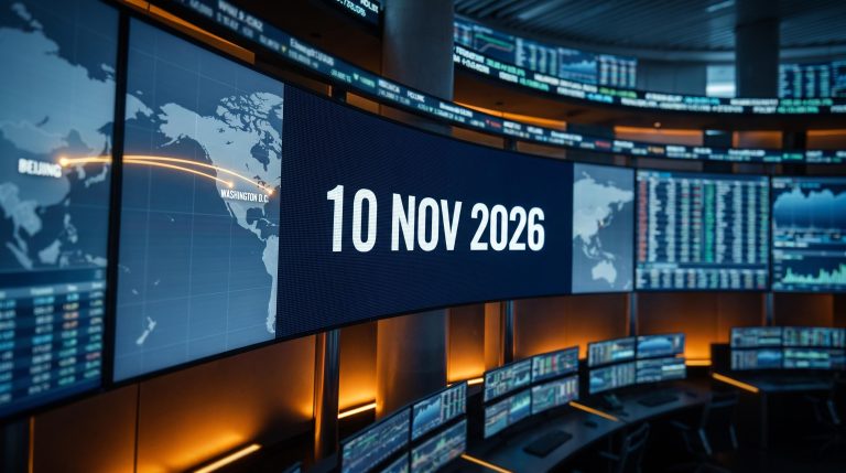 Trading floor screens display 10 Nov 2026 tariff deadline ahead of Trump-Xi summit market positioning